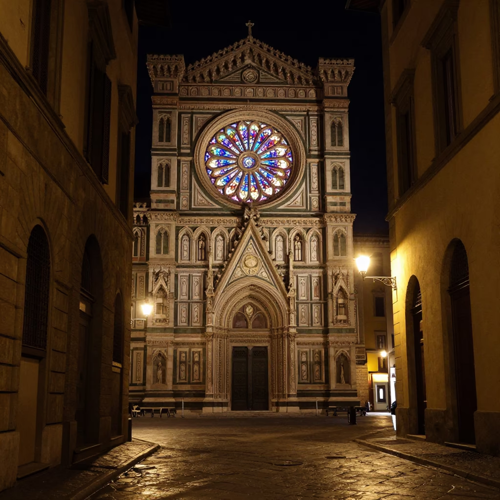 Late Night Florence Street Scene with Gothic Rose Window Casting Colored Light on Stone in in Florence, Italy