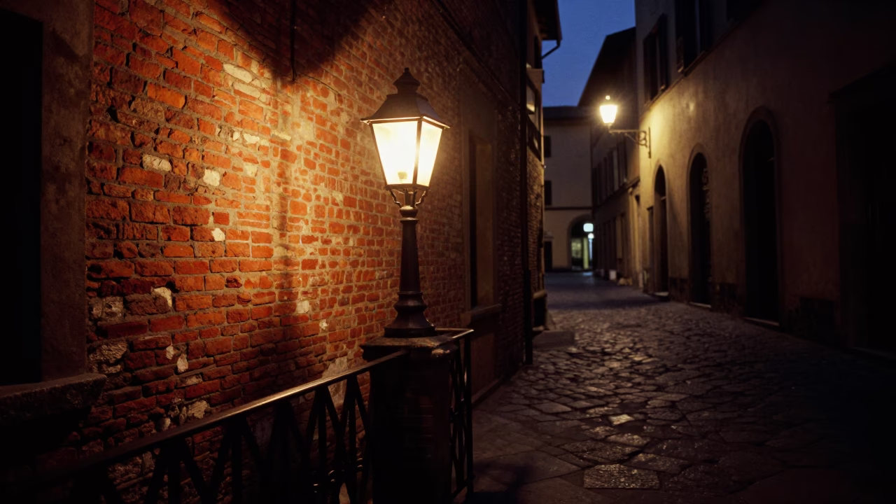Late Night Florence Street Scene with Hurricane Lamp and Violin Case in in Florence, Italy