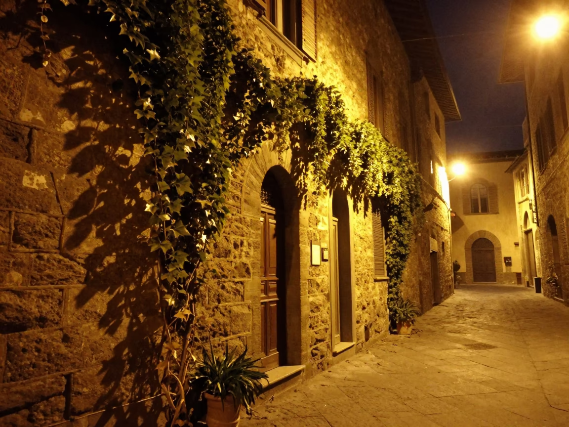 Late Night Florence Street Scene with Ivy Vines and Stone Architecture in in Florence, Italy