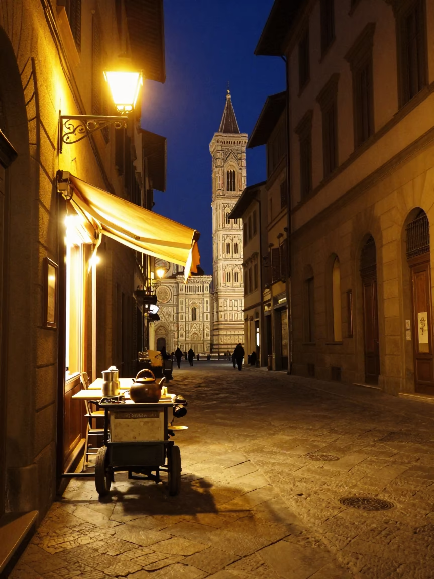 Late Night Florence Street Scene with Kettle and Minestrone Bowl on Cobblestone in in Florence, Italy