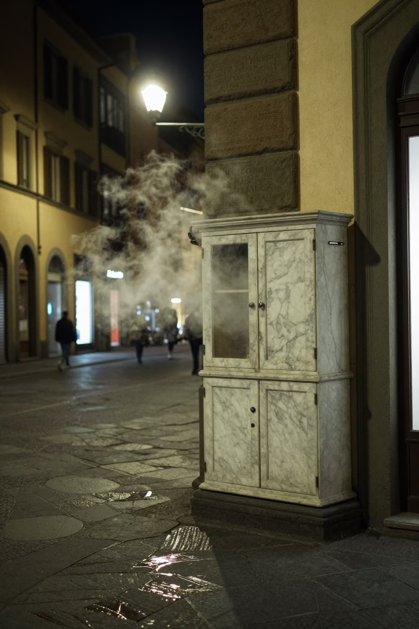 Late Night Florence Street Scene with Marble Set and Steam Haze in in Florence, Italy
