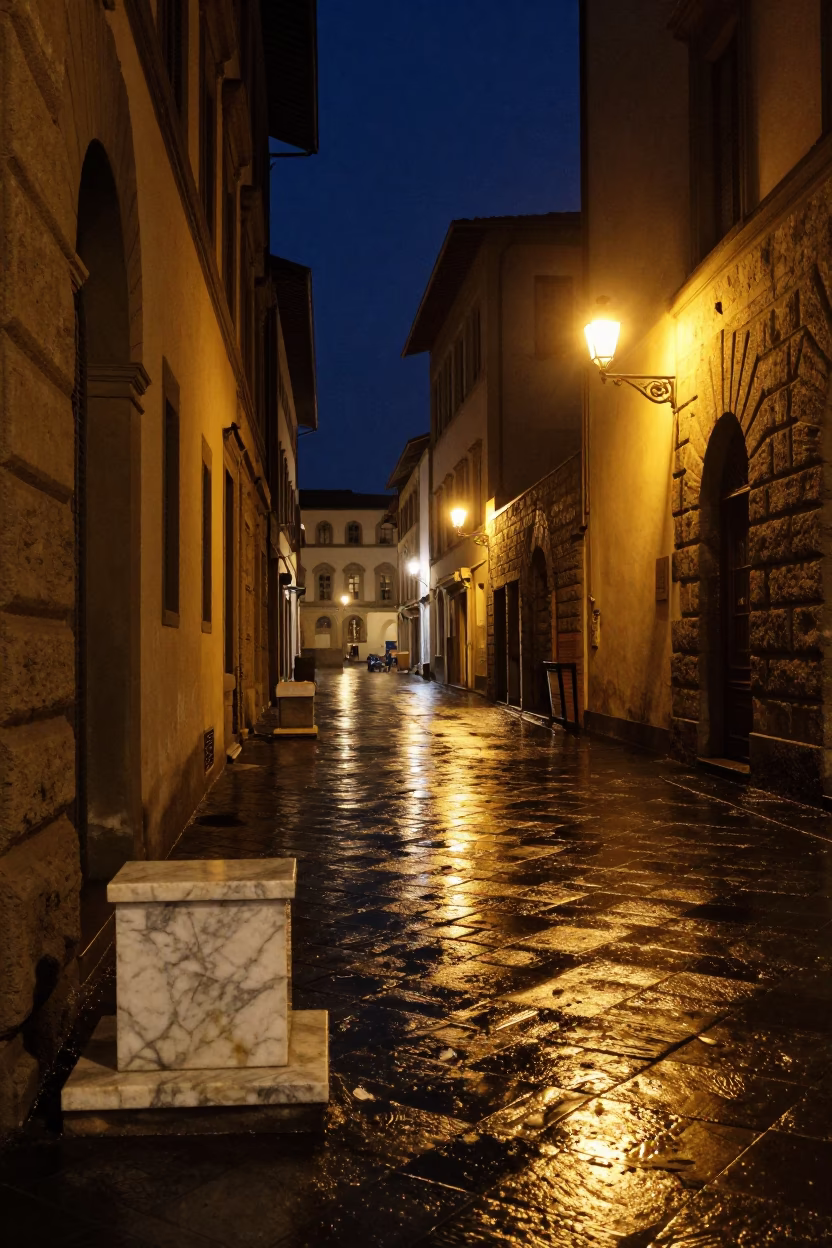 Late Night Florence Street Scene with Marble Set and Wet Cobblestones Under Streetlights in in Florence, Italy