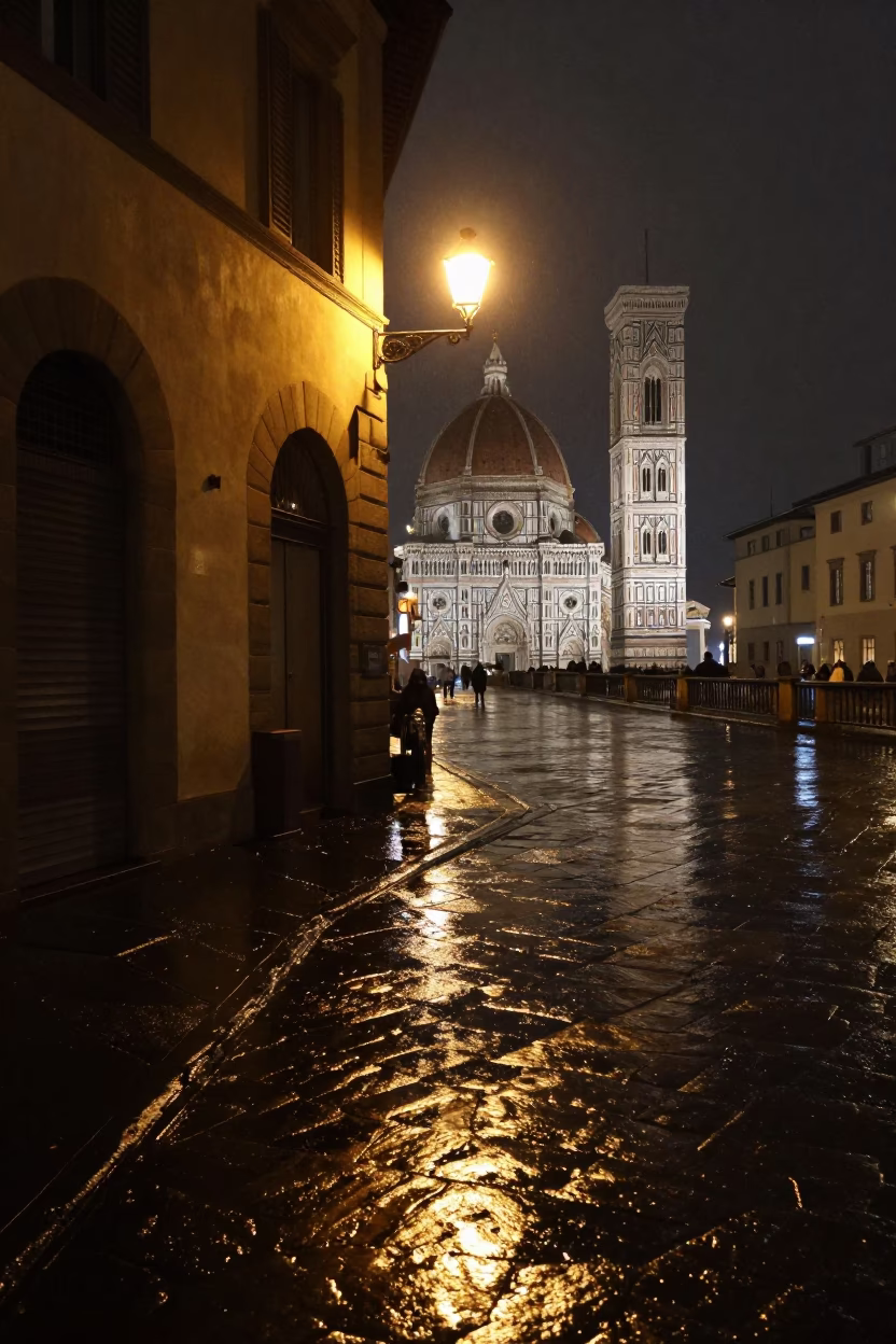 Late Night Florence Street Scene with Rain-Slicked Cobblestones and Vintage Scooter in in Florence, Italy