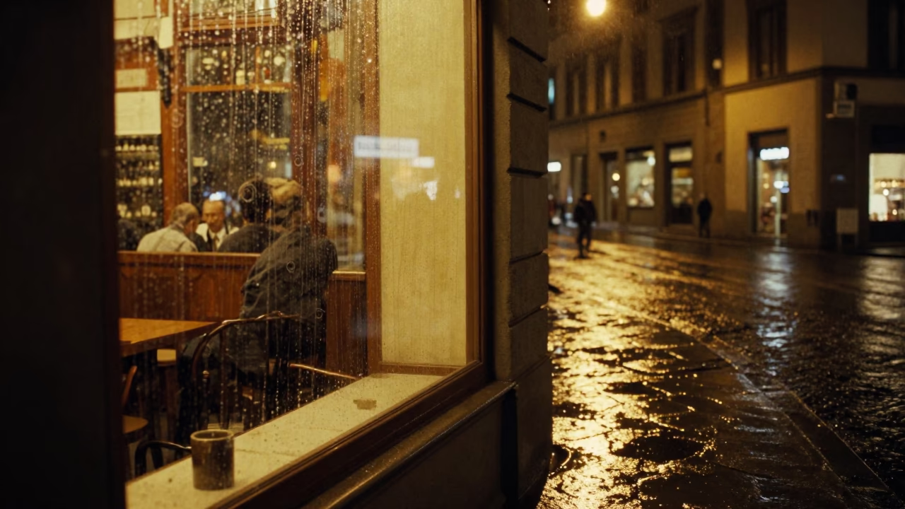 Late Night Florence Street Scene with Reflections and Urban Details in in Florence, Italy
