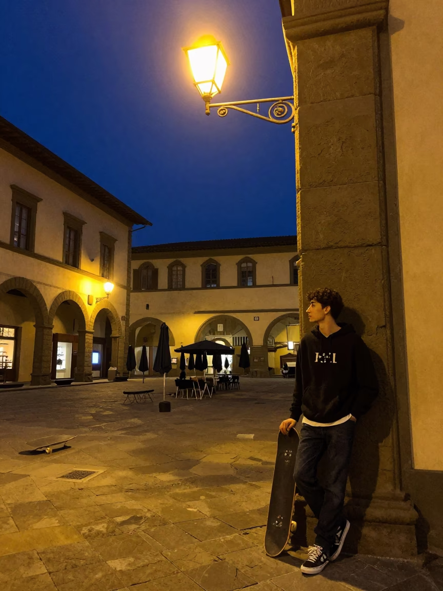 Late Night Florence Street Scene with Skateboard and Umbrellas in University Courtyard in in Florence, Italy