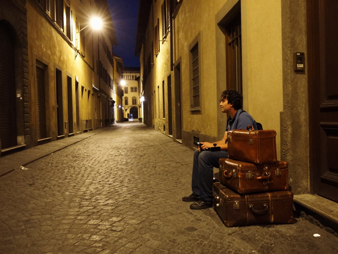 Late Night Florence Street Scene with Suitcases and Cobblestone Alleyway in in Florence, Italy