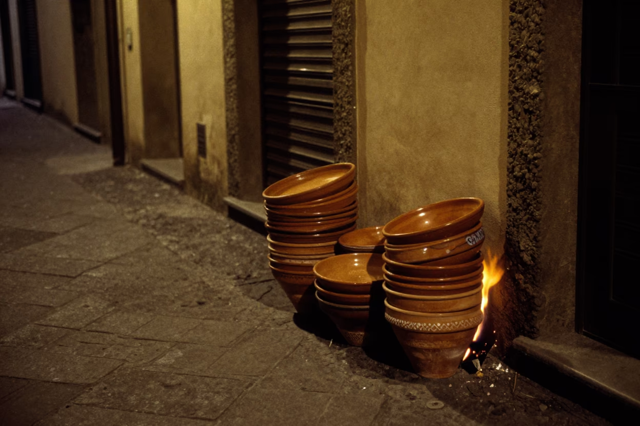 Late Night Florence Street Scene with Terracotta Bowls and Taper Candle in in Florence, Italy