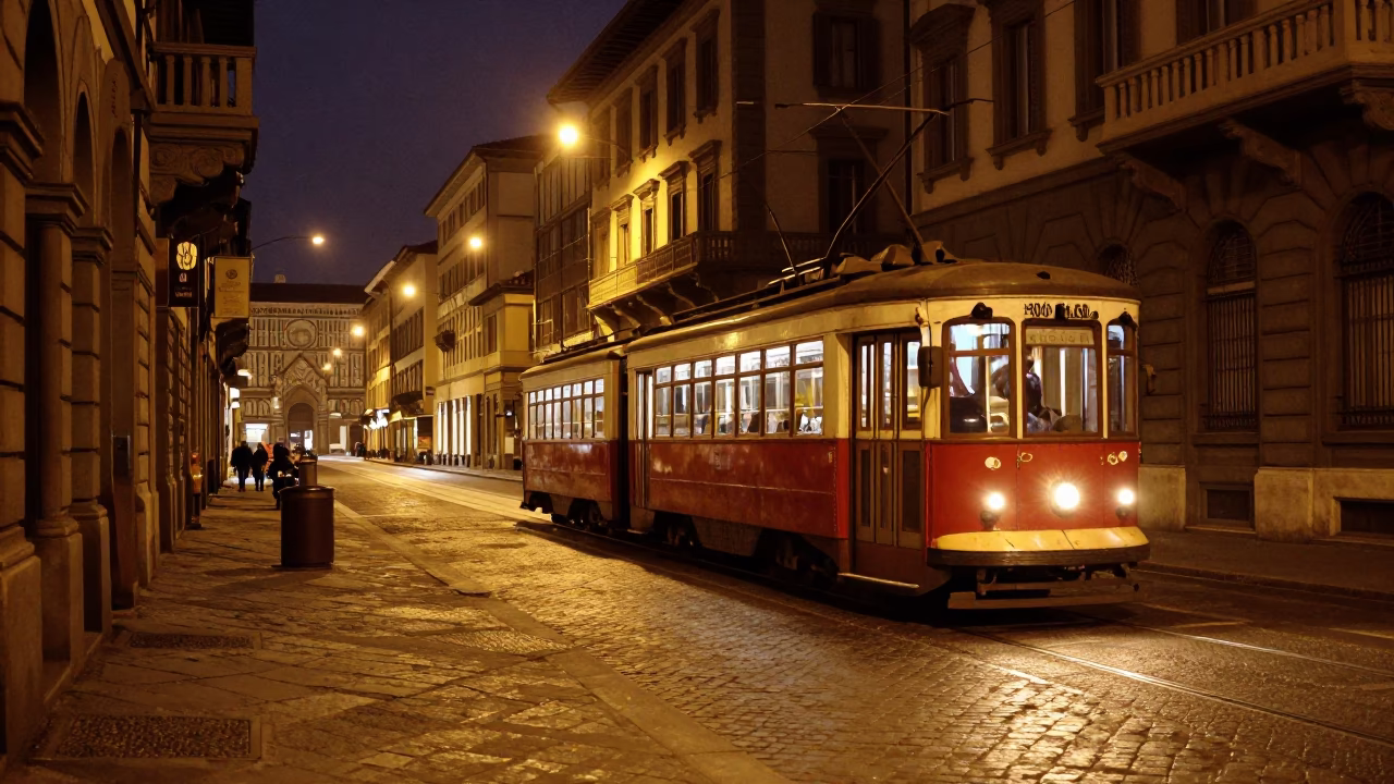 Late Night Florence Street Scene with Tram and Historic Architecture in in Florence, Italy