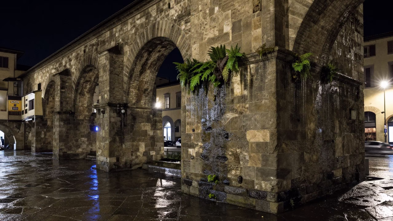 Late Night Florence Street Scene with Viaduct Arches and Dripping Stone Details in in Florence, Italy