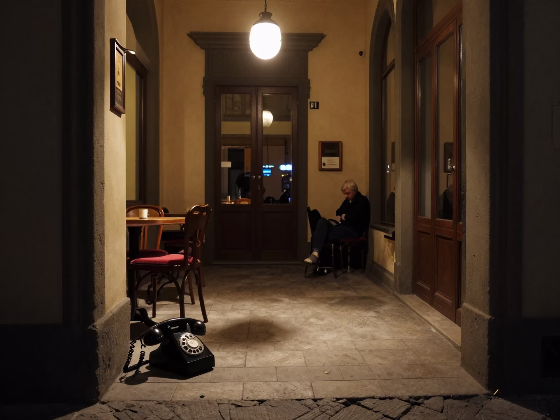 Late Night Florence Street Scene with Vintage Bakelite Telephone on Hotel Reception Desk in in Florence, Italy