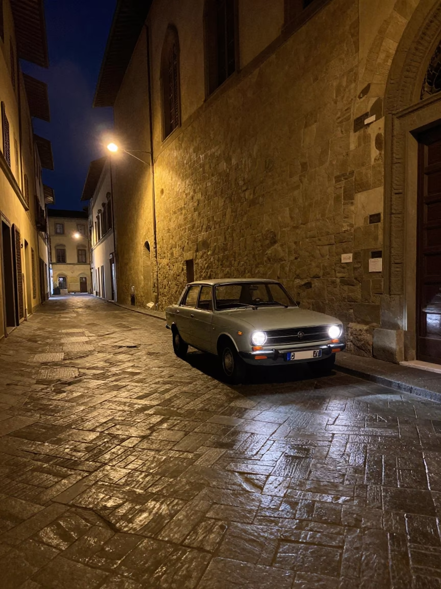 Late Night Florence Street Scene with Vintage Car and Cobblestone Alley in in Florence, Italy