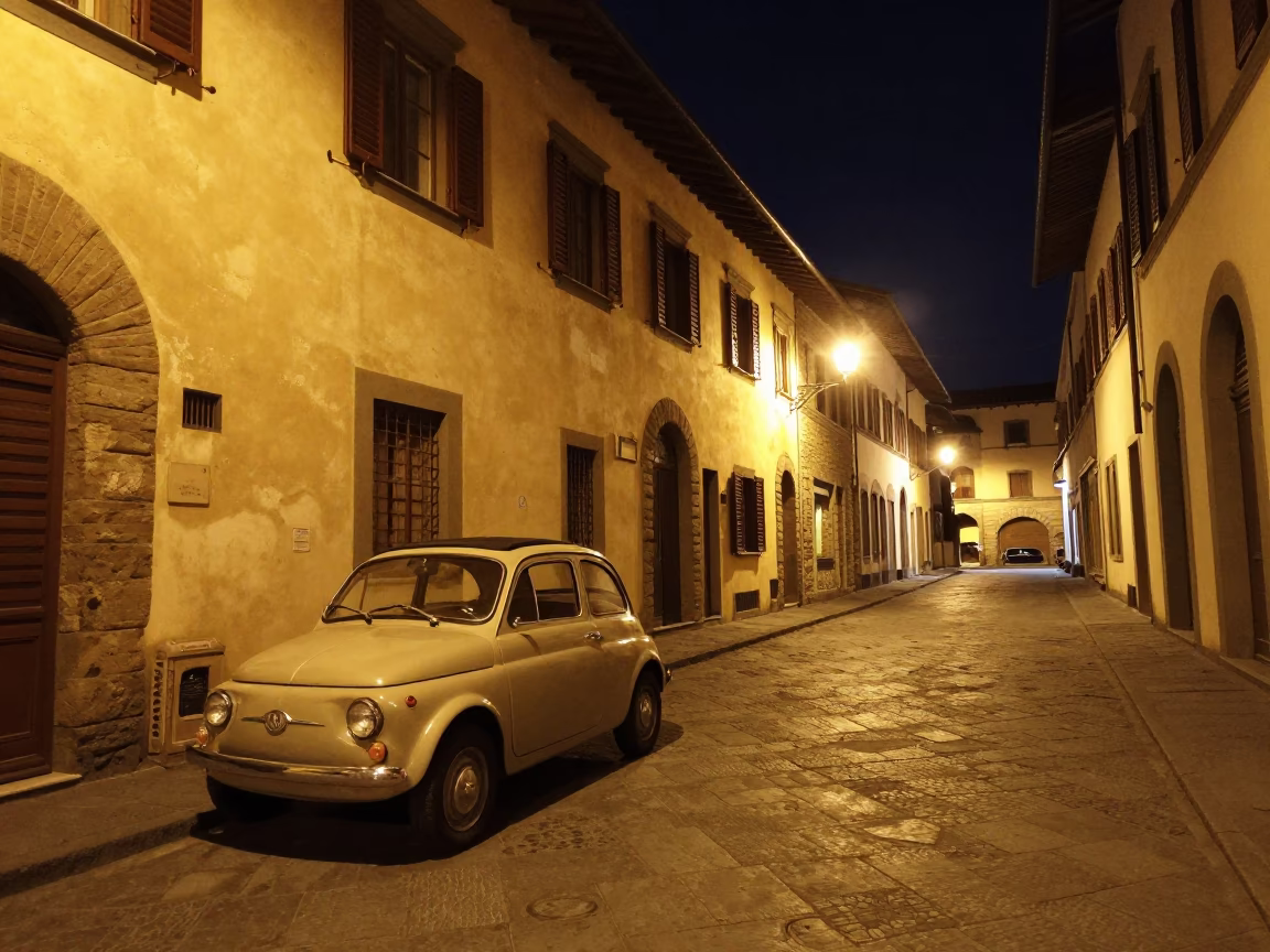 Late Night Florence Street Scene with Vintage Car and Stone Architecture in in Florence, Italy