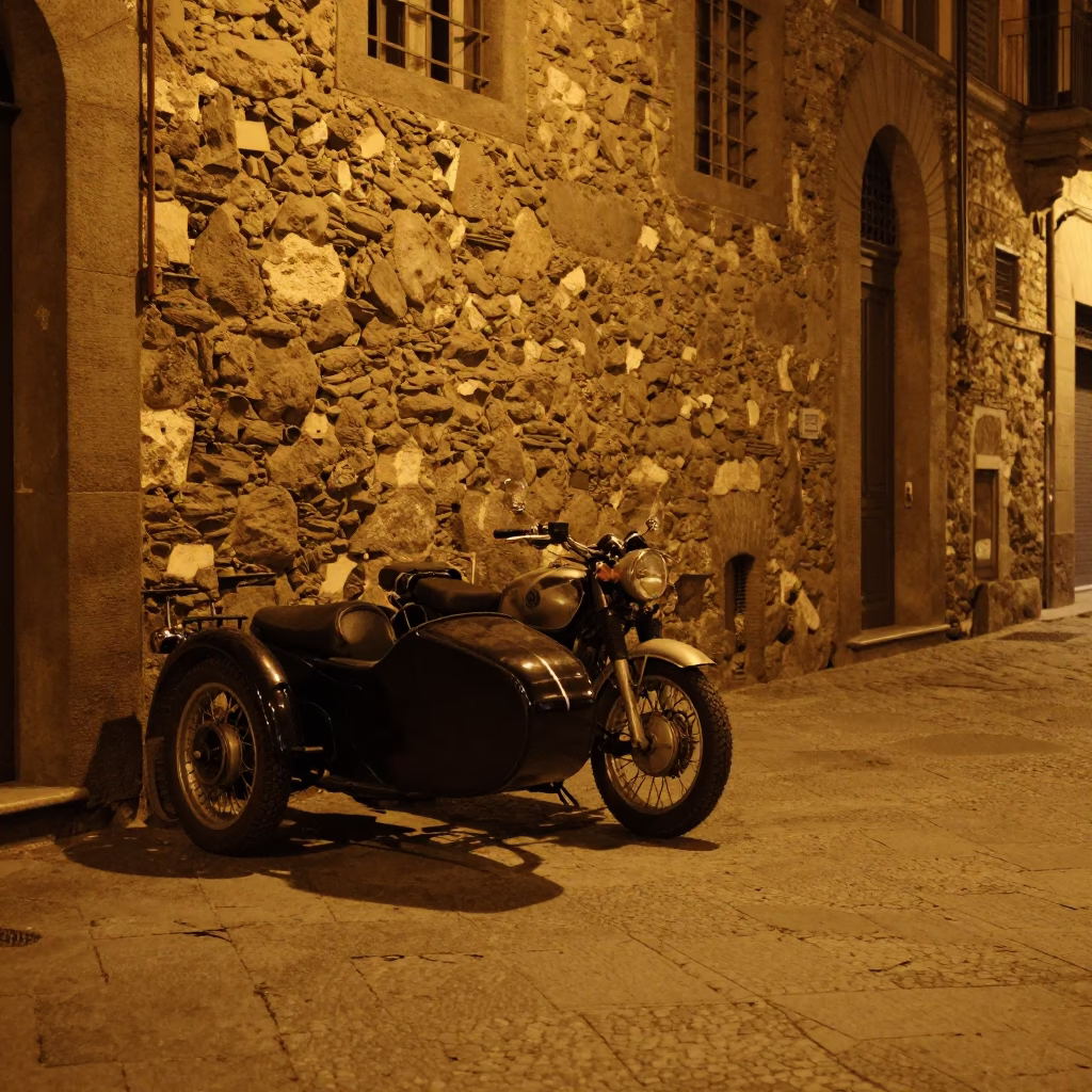 Late Night Florence Street Scene with Vintage Motorcycle and Bench Scratches in in Florence, Italy