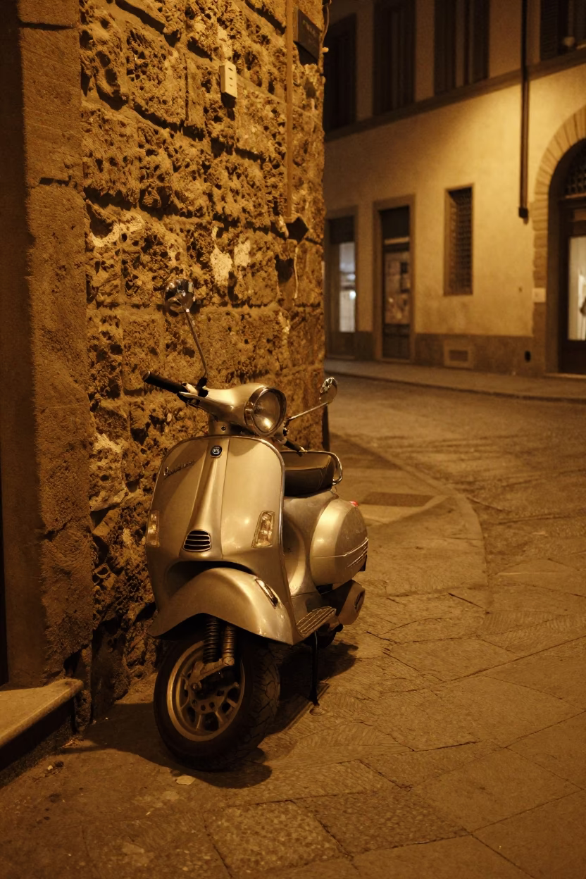 Late Night Florence Street Scene with Vintage Scooter and Cobblestones in in Florence, Italy