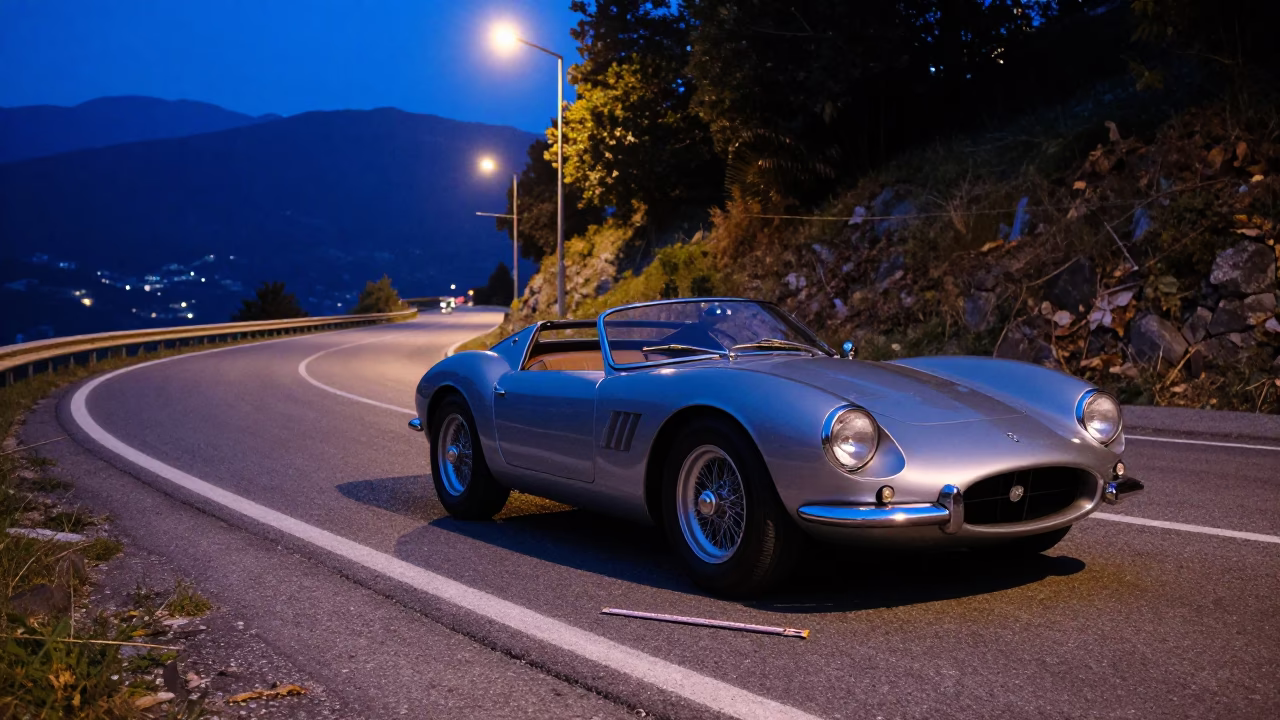 Late Night Florence Street Scene with Vintage Sports Car and Folding Ruler in in Florence, Italy