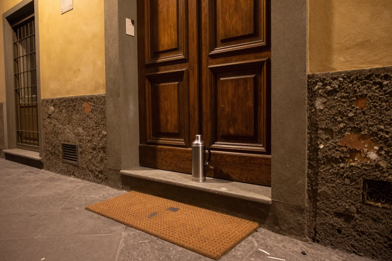 Late Night Florence Street Scene with Vintage Thermos and Doormat in in Florence, Italy