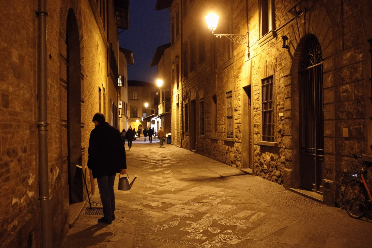 Late Night Florence Street Scene with Watering Jug and Stone Architecture in in Florence, Italy