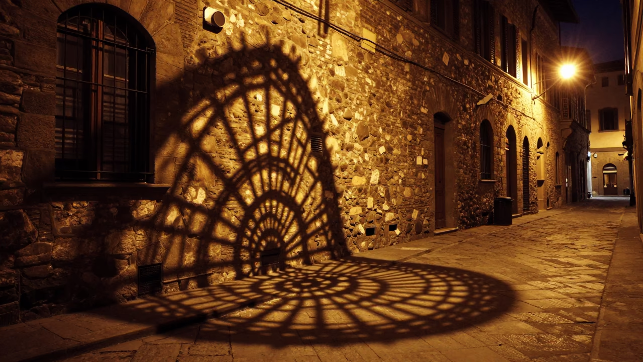 Late Night Florence Street Scene with Wicker Shadow on Stone Basin in in Florence, Italy