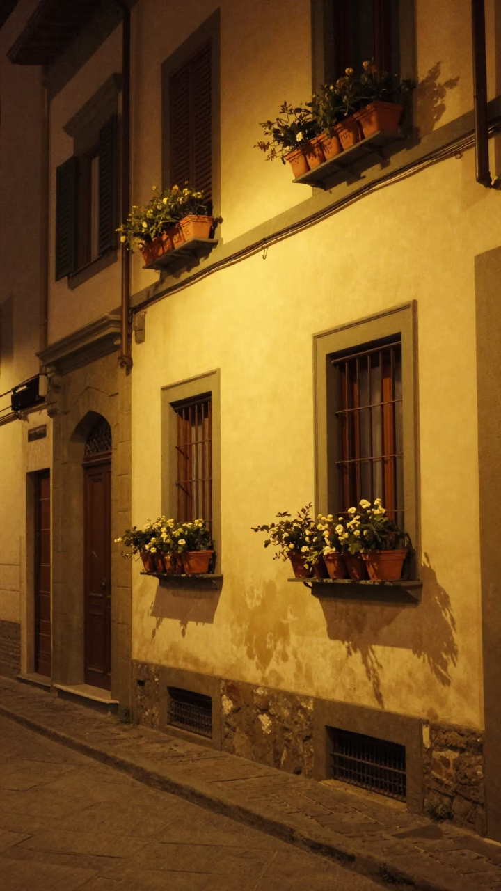Late Night Florence Street Scene with Window Boxes and Glass Bottles in in Florence, Italy