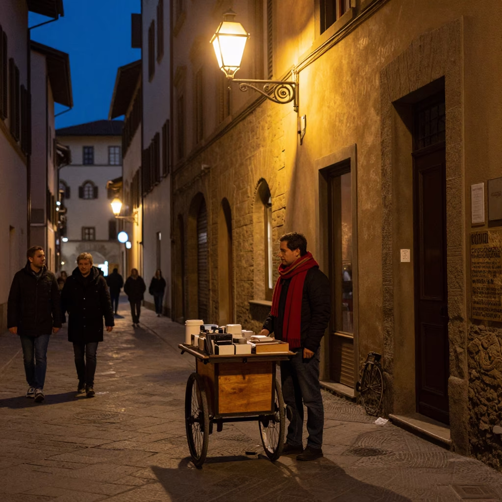 Late Night Florence Street Scene with Wool Scarves and Urban Ambiance in in Florence, Italy