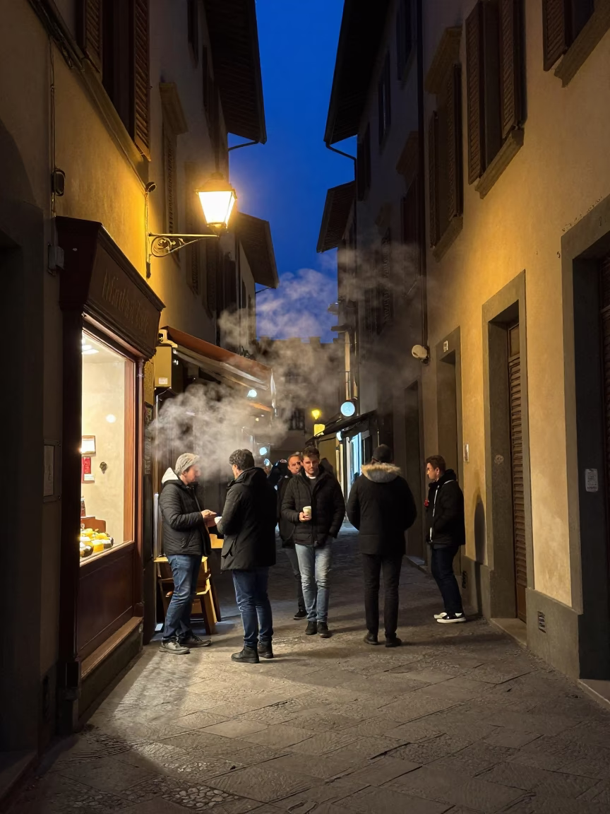 Late Night Florentine Street Scene with Steam and Urban Details in in Florence, Italy