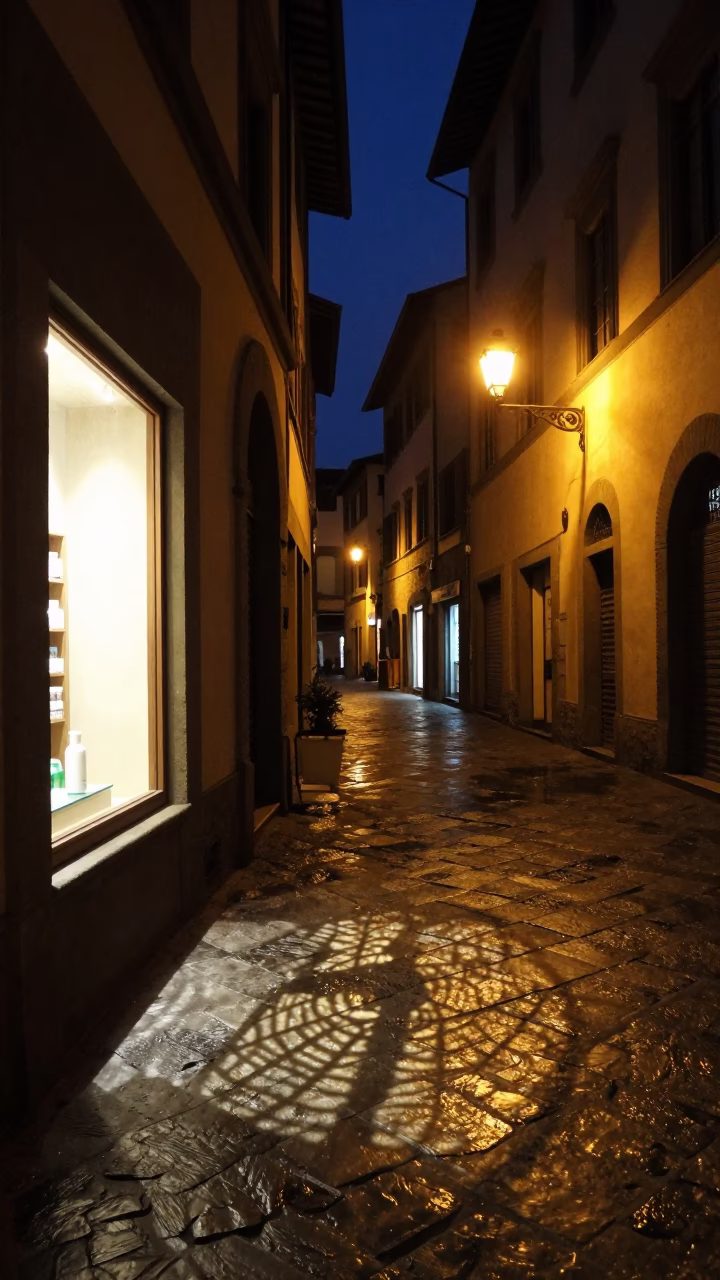 Late Night Florentine Street Scene with Wicker Shadow and Soap Bottle on Countertop in in Florence, Italy