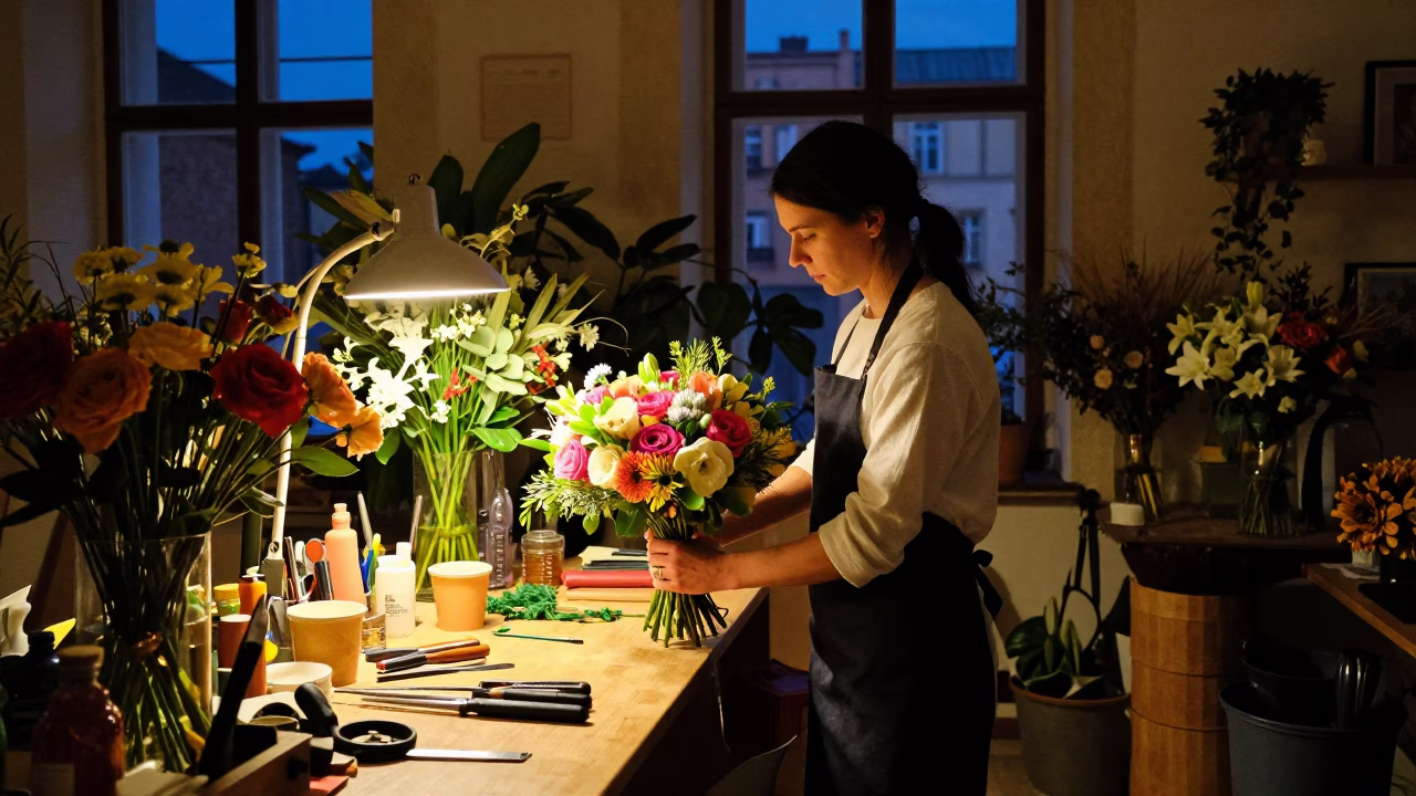 Late Night Florist Working in Historic Krakow Poland Midnight Interior Scene in in Krakow, Poland