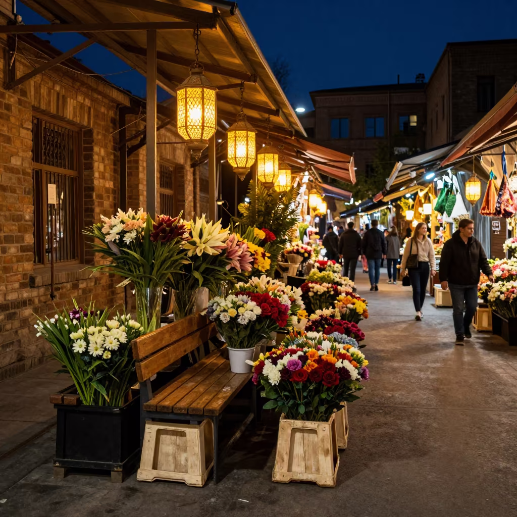 Late Night Flower Auction Lanterns Yerevan in at a flower auction bench in Yerevan