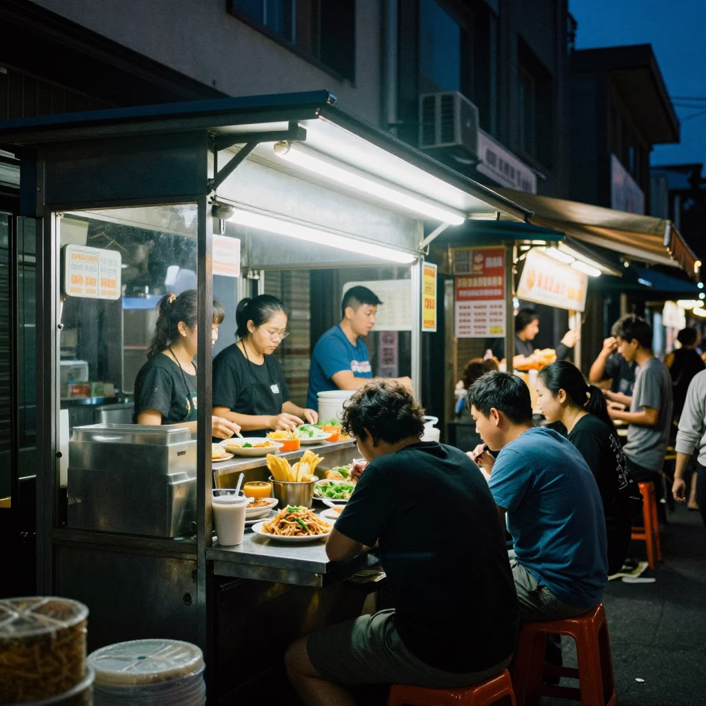 Late Night Food Scene in Melbourne Laneway with Pad Thai and Urban Architecture in in Melbourne, Victoria, Australia