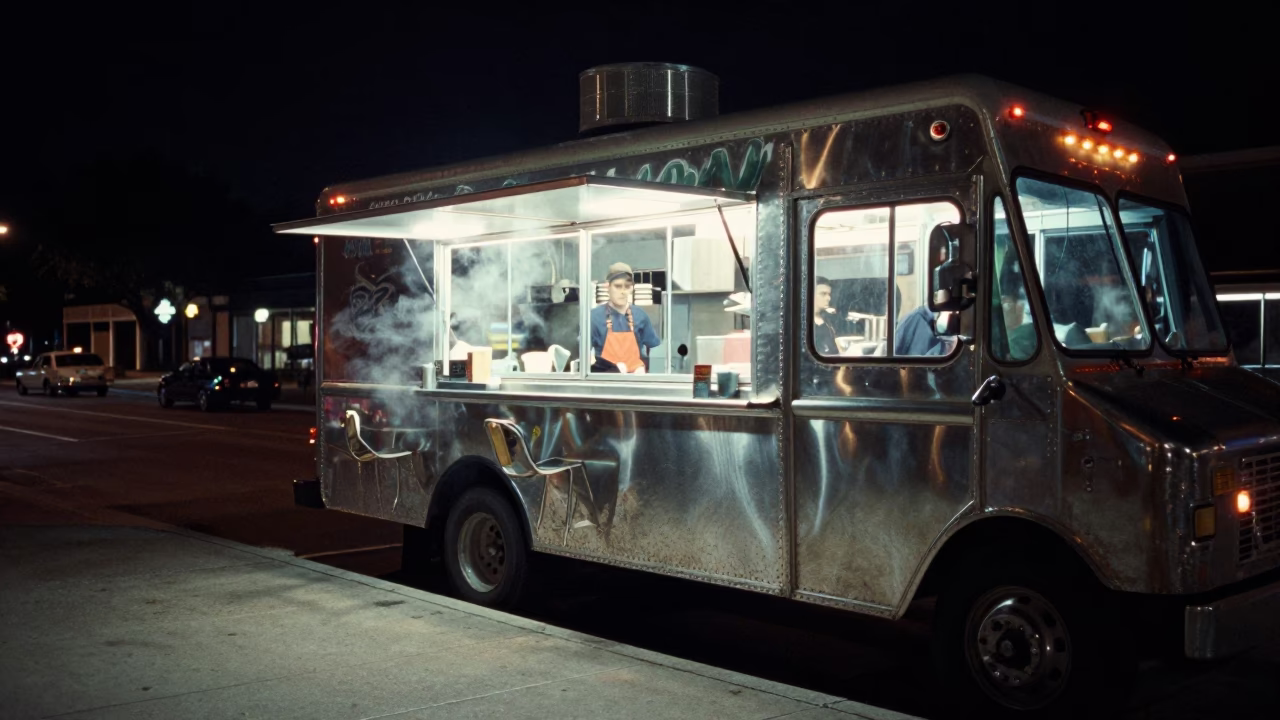 Late Night Food Truck Scene on South Congress Avenue with Steam and Neon Lights in in Austin, Texas, United States