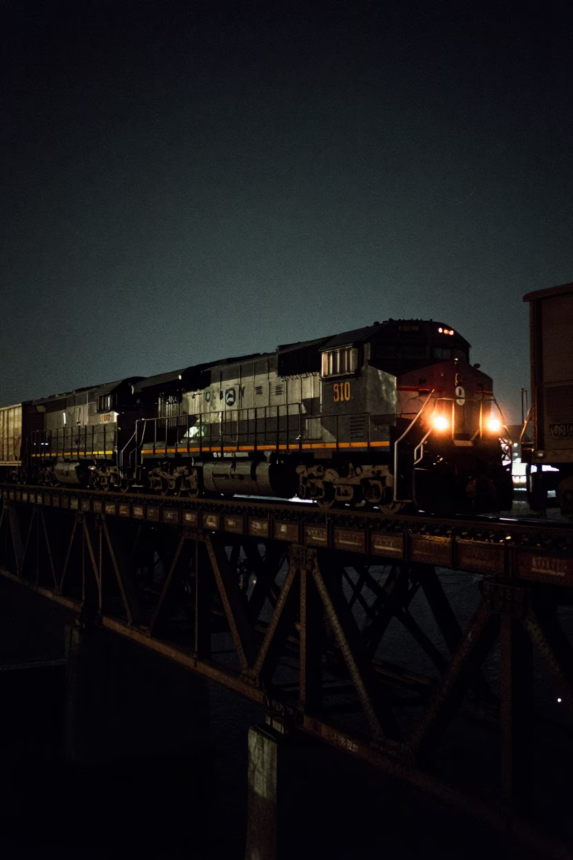 Late Night Freight Train Crossing Trestle Bridge Over Boston Massachusetts Waterfront in in Boston, Massachusetts, United States