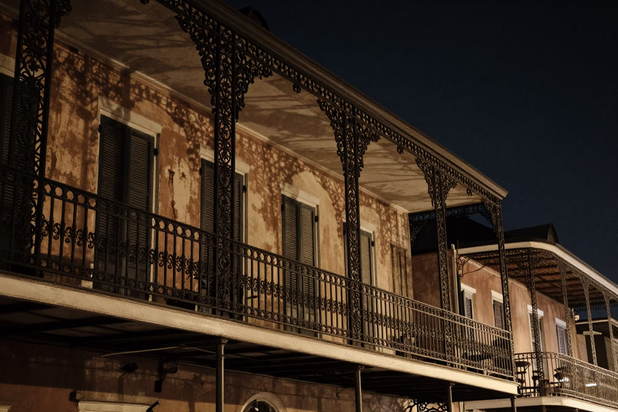 Late Night French Quarter Balcony Ironwork and Street Lamp Reflections in New Orleans in in New Orleans, Louisiana, United States