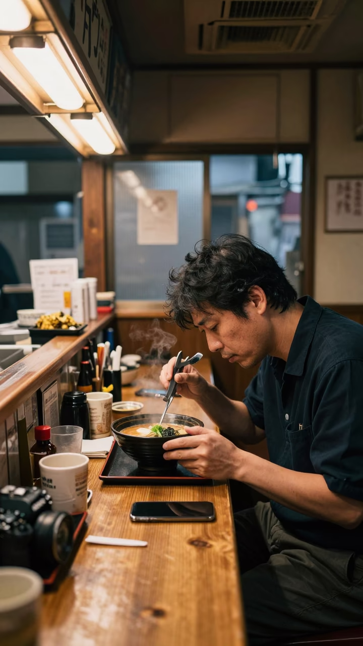 Late Night Fukuoka Diner Interior with Calipers and Mending Basket on Counter in in Fukuoka, Japan