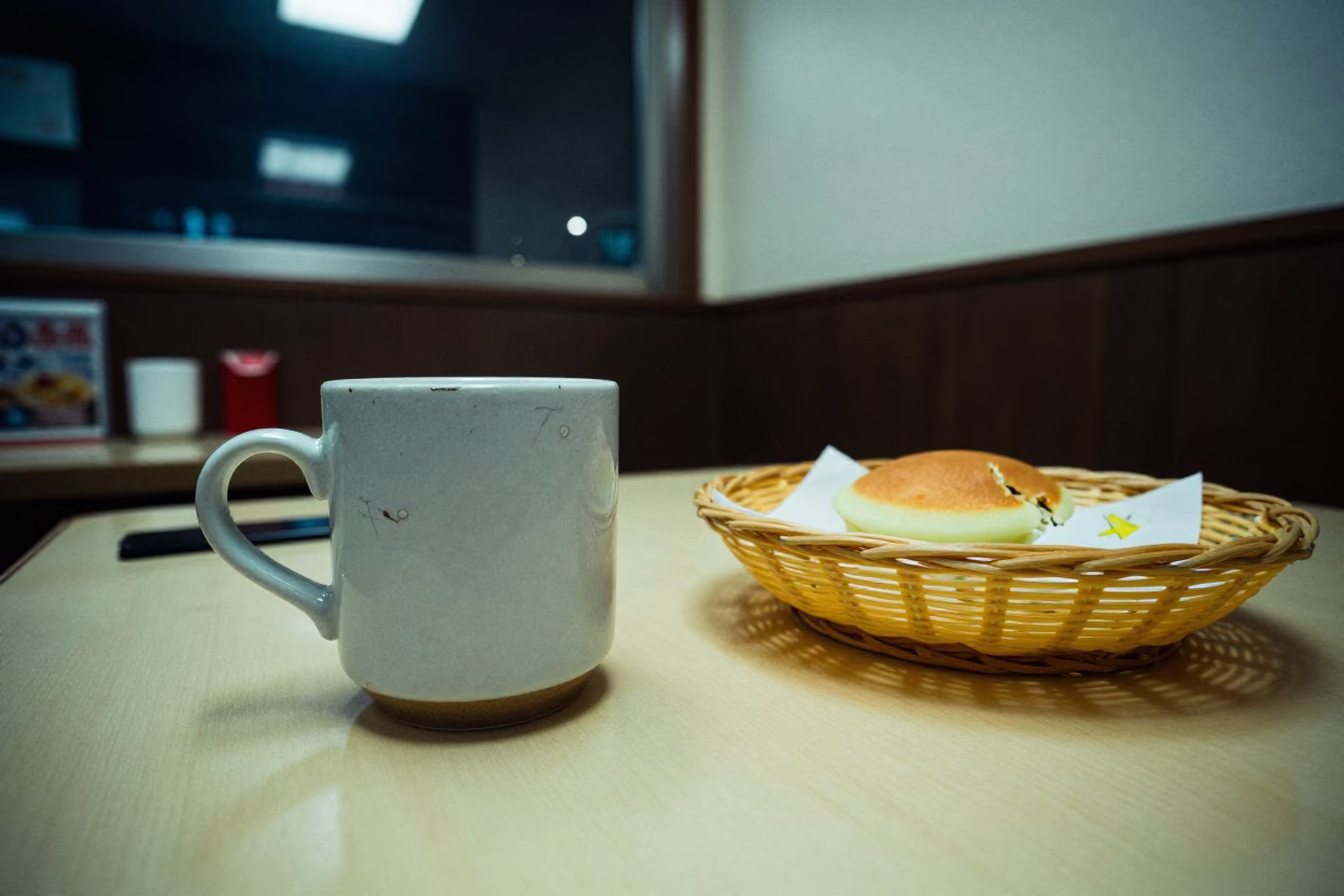 Late Night Fukuoka Diner Interior with Ceramic Cup and Shadow Play in in Fukuoka, Japan