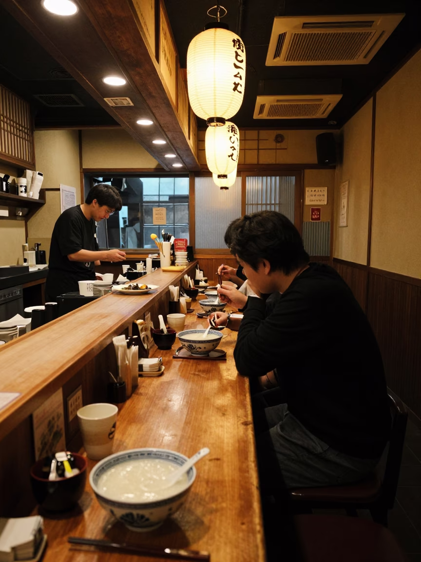 Late Night Fukuoka Diner Interior with Congee and Century Egg in Japan in in Fukuoka, Japan