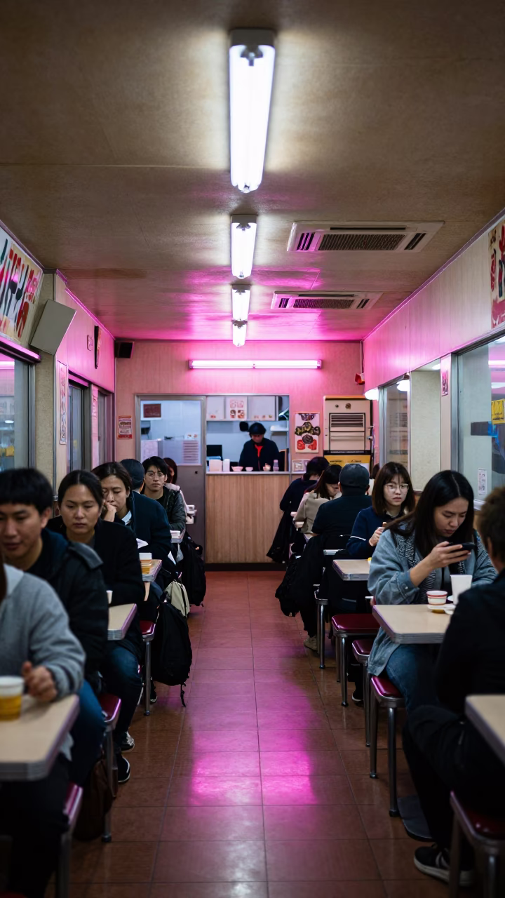 Late Night Fukuoka Diner Interior with Neon Reflections and Coffee Service in in Fukuoka, Japan