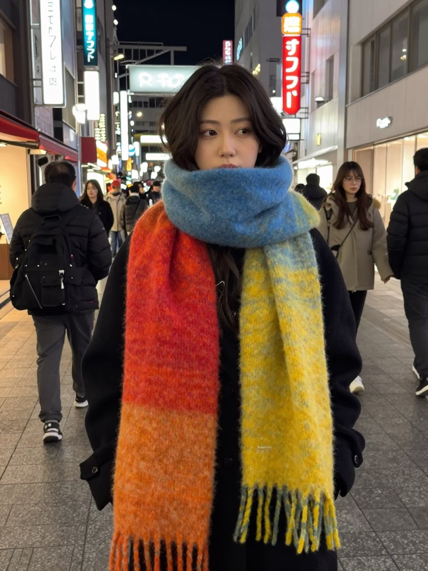 Late Night Fukuoka Street Fashion Wool Scarves and Urban Neon Reflections in in Fukuoka, Japan