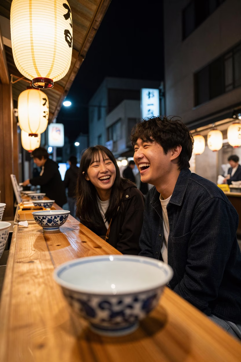 Late Night Fukuoka Street Food Scene with Blue Porcelain Bowl and Vintage Car Rally in in Fukuoka, Japan