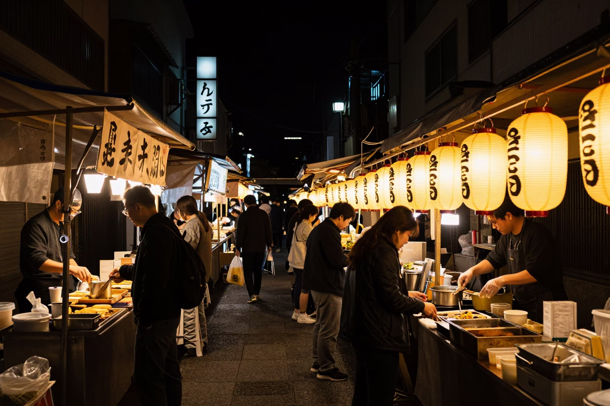 Late Night Fukuoka Street Food Scene with Ladle and Woven Baskets in in Fukuoka, Japan