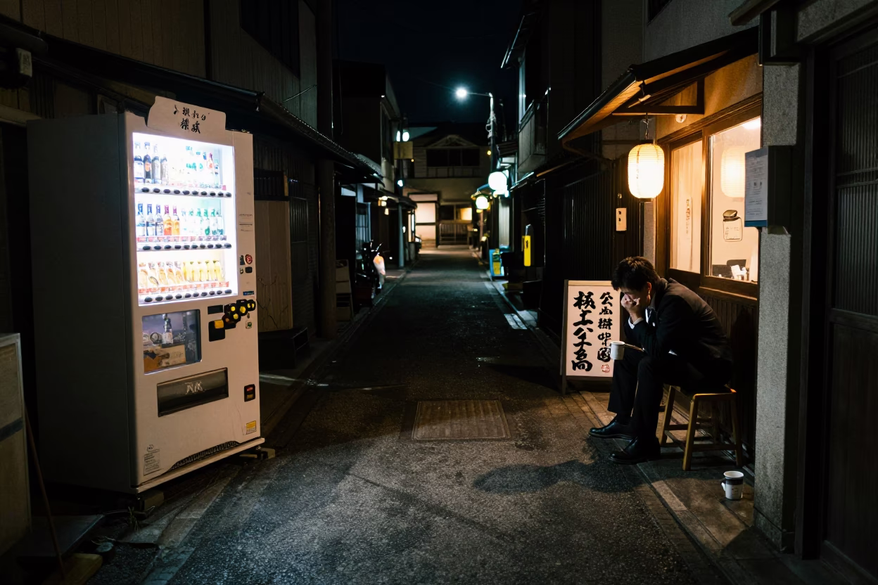 Late Night Fukuoka Street Scene with Coffee Mugs and Urban Details in in Fukuoka, Japan