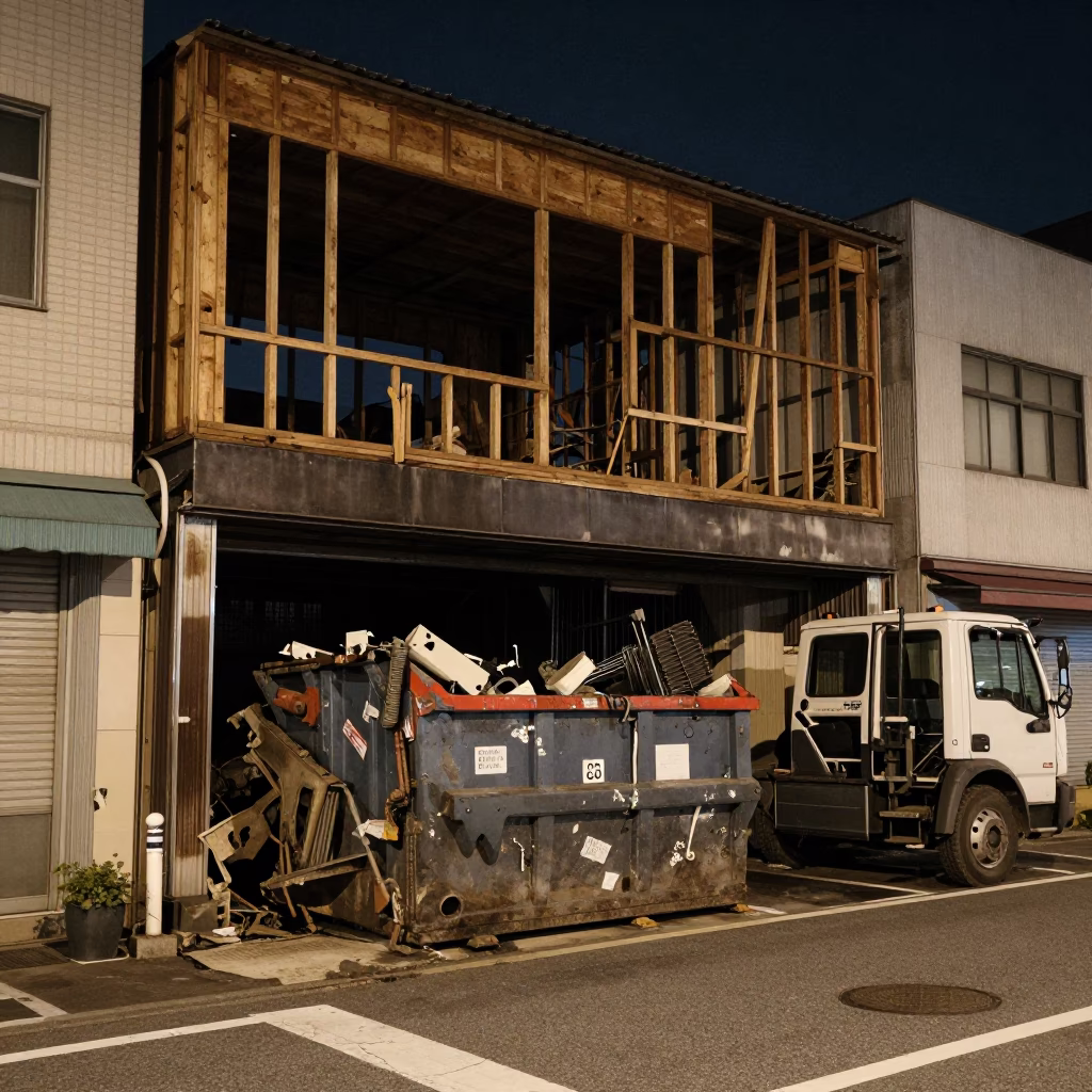 Late Night Fukuoka Street Scene with Demolition Dumpster and Gutted Storefront Facade in in Fukuoka, Japan
