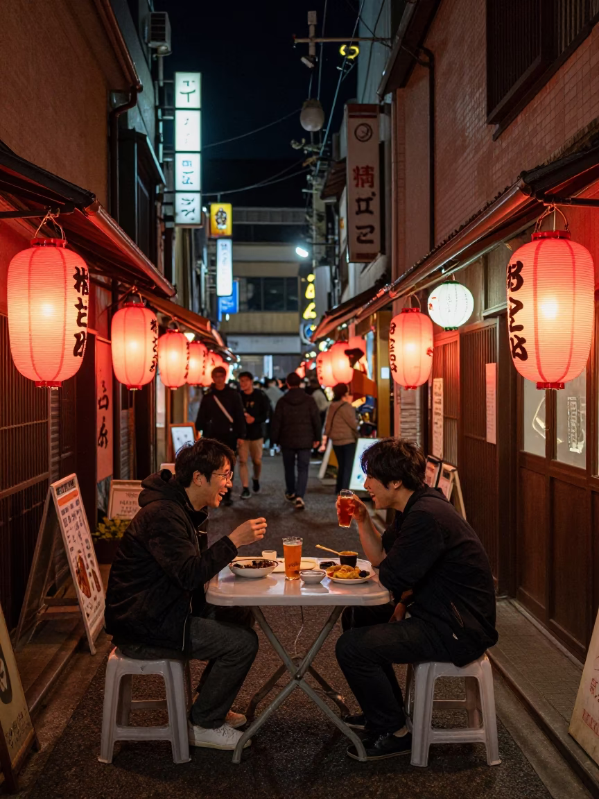 Late Night Fukuoka Street Scene with Glowing Lanterns and Casual Diners in in Fukuoka, Japan