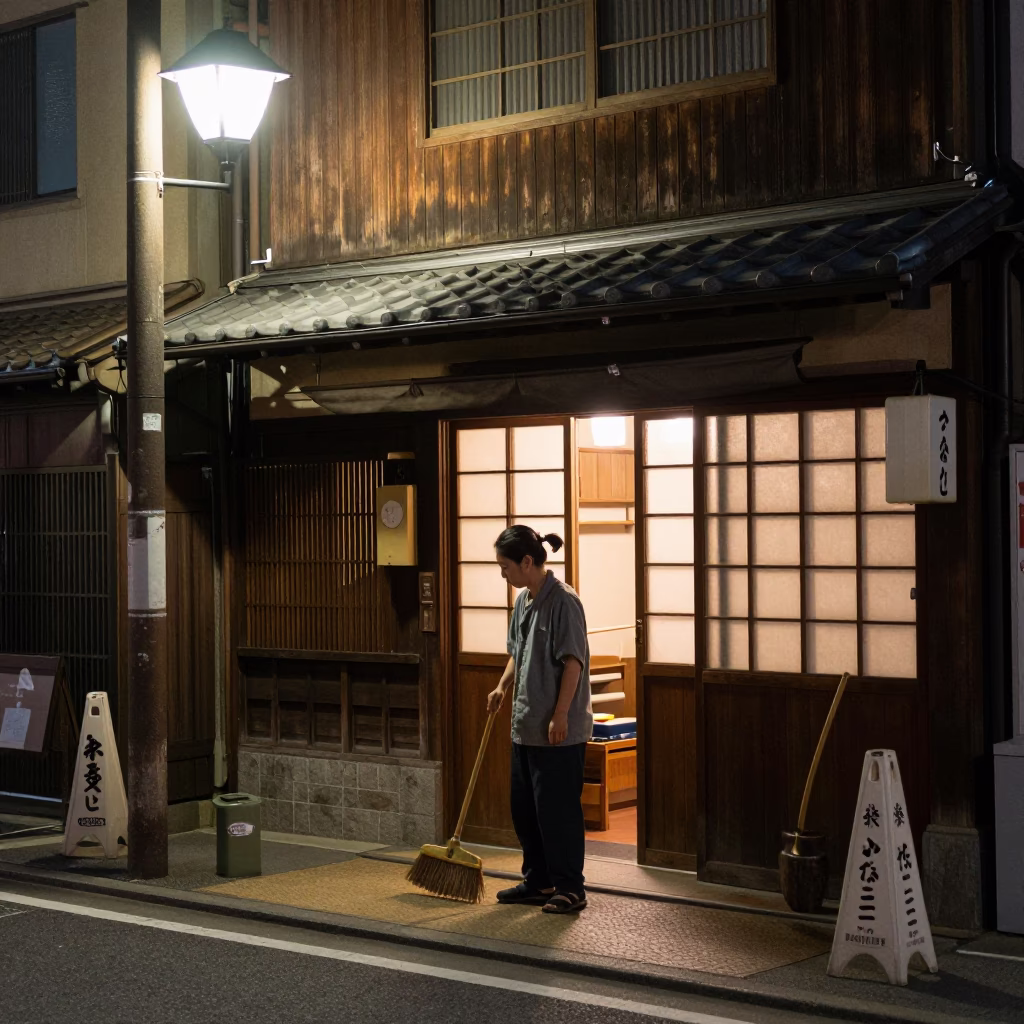 Late Night Fukuoka Street Scene with Hand Broom and Metal Bucket in in Fukuoka, Japan