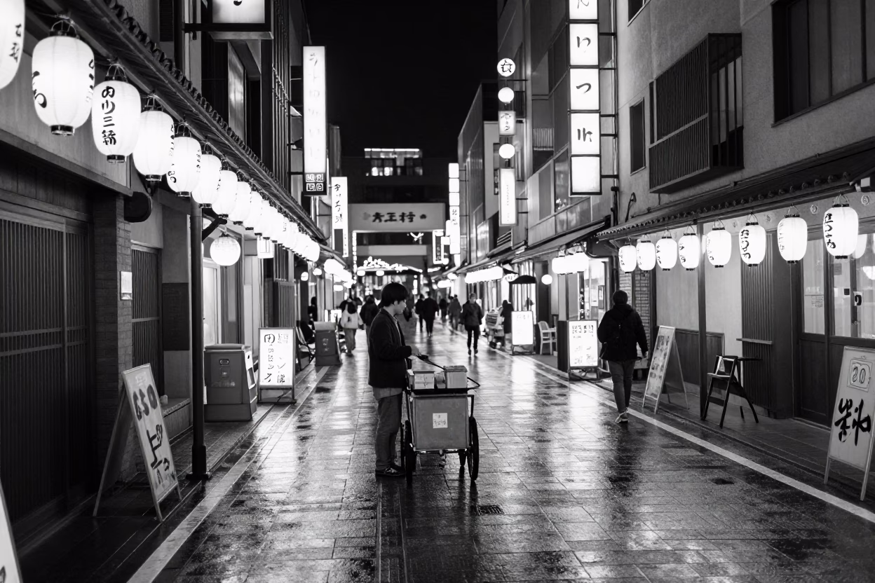 Late Night Fukuoka Street Scene with Lanterns and Glass Bottles in Japan in in Fukuoka, Japan