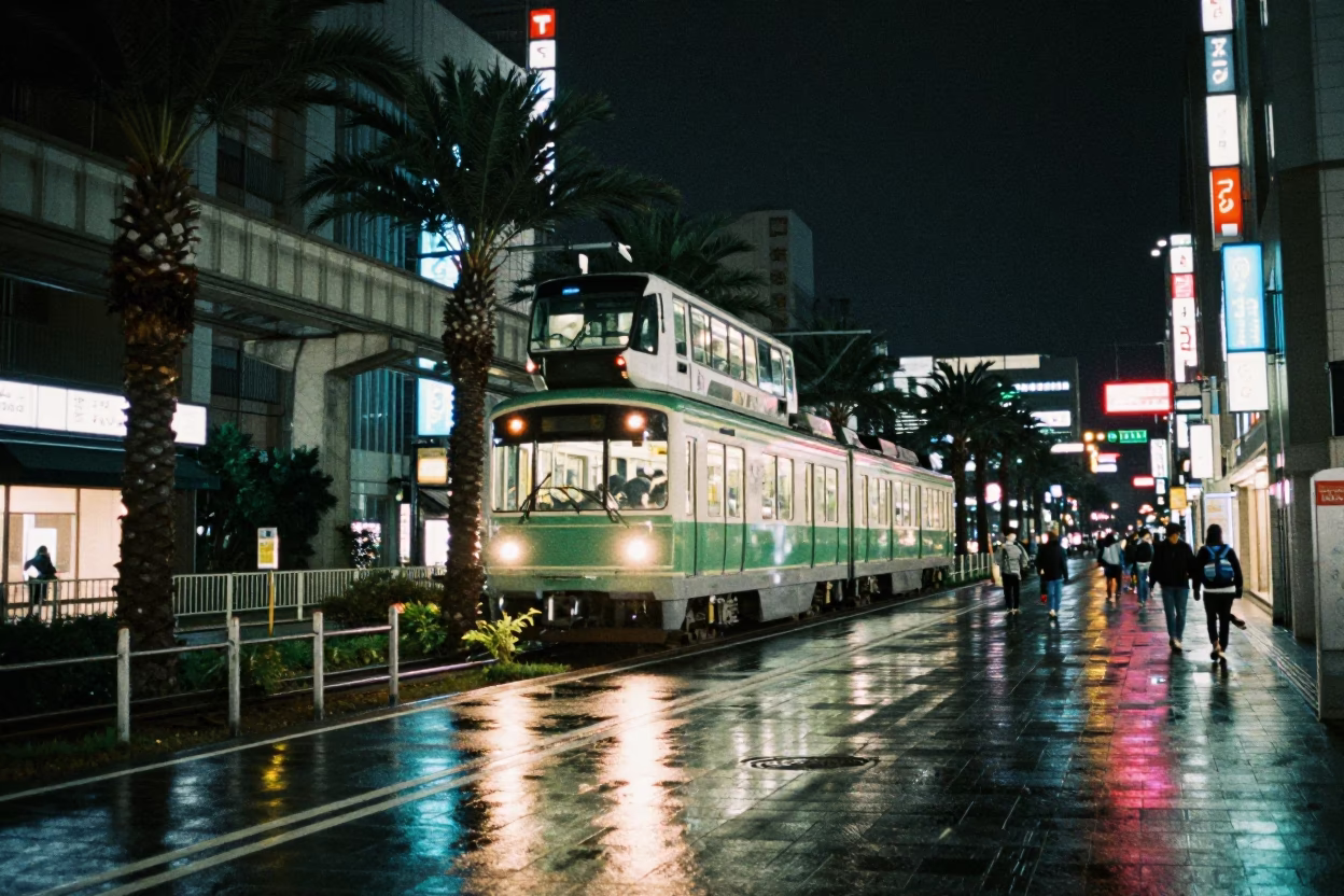 Late Night Fukuoka Street Scene with Monorail and Palm Trees in in Fukuoka, Japan