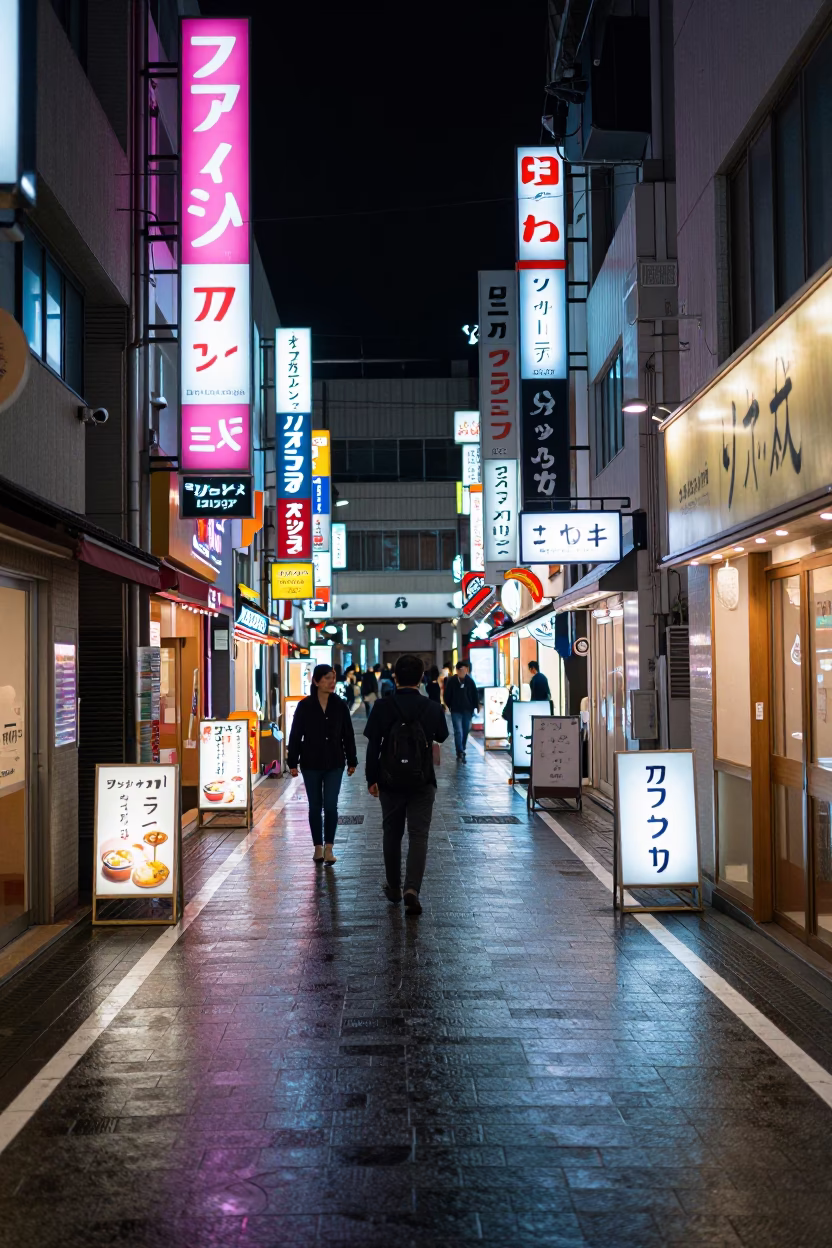 Late Night Fukuoka Street Scene with Neon Lights and Local Food Stall in in Fukuoka, Japan