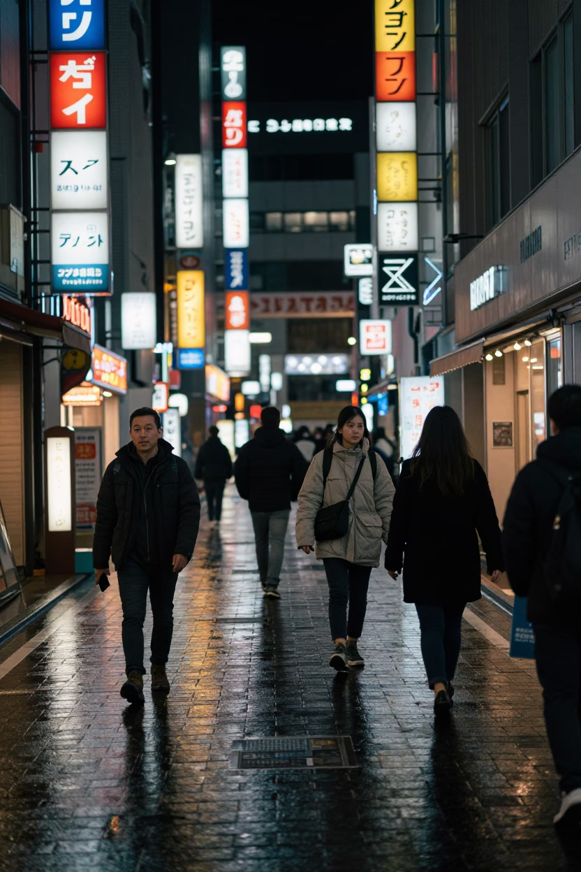 Late Night Fukuoka Street Scene with Neon Lights and Monorail in Background in in Fukuoka, Japan