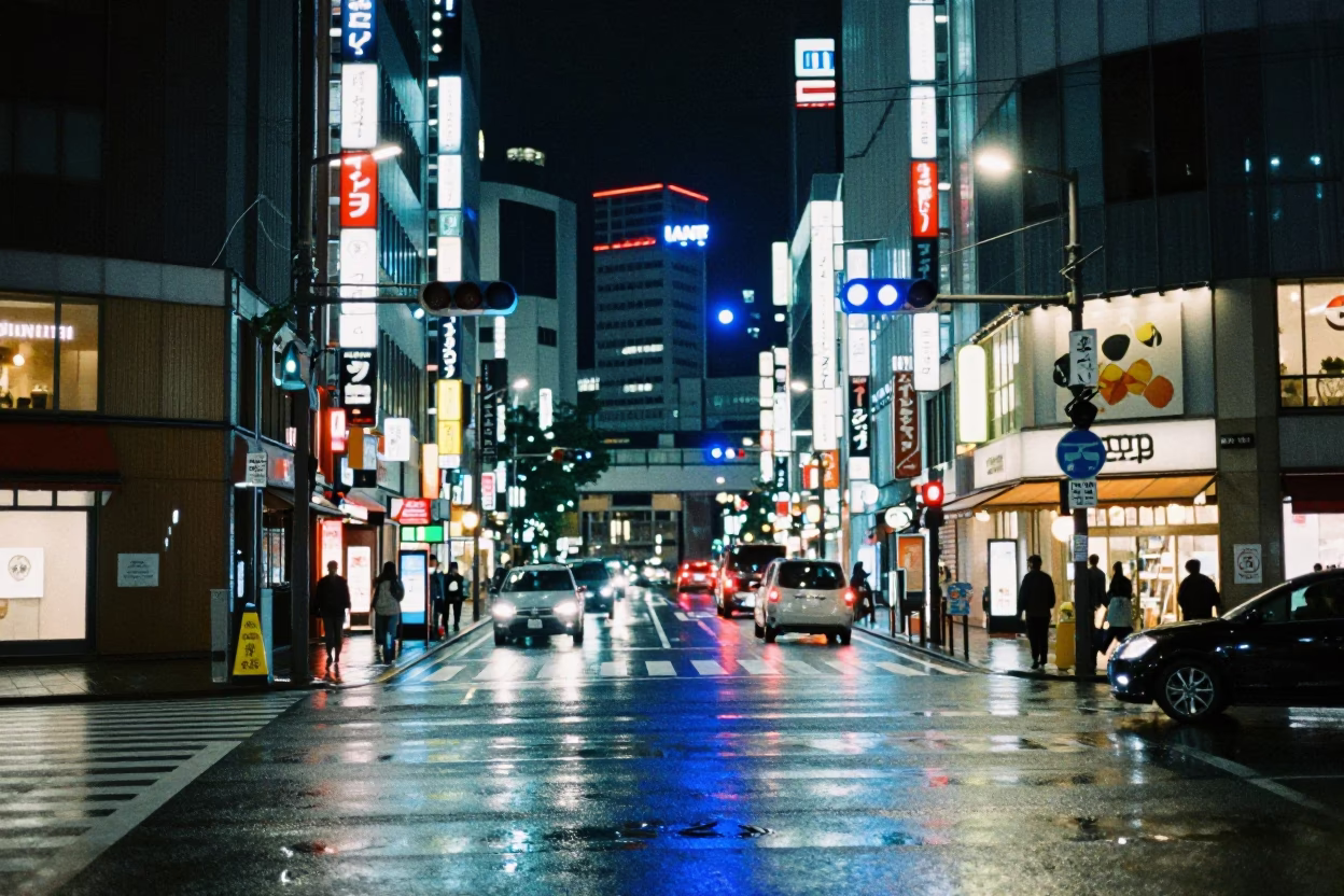 Late Night Fukuoka Street Scene with Neon Lights and Urban Activity in in Fukuoka, Japan