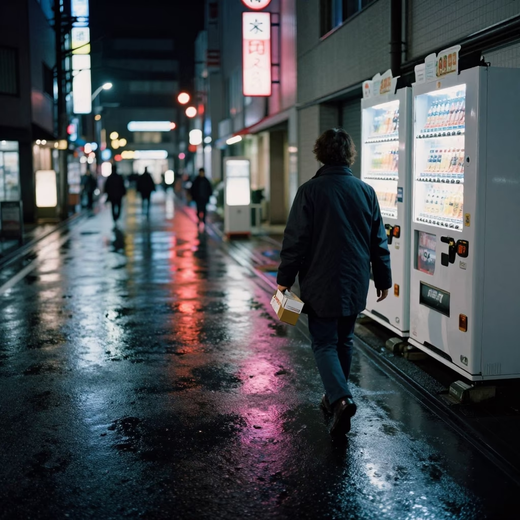 Late Night Fukuoka Street Scene with Neon Reflections and Casual Urban Details in in Fukuoka, Japan