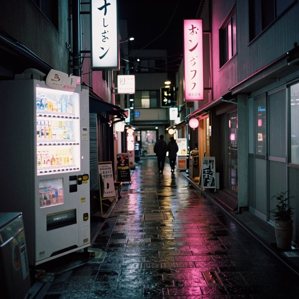 Late Night Fukuoka Street Scene with Neon Reflections and Local Dining in in Fukuoka, Japan